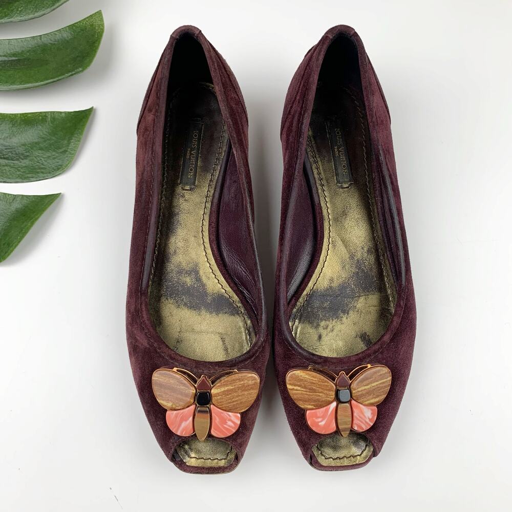 Louis Vuitton Flats Butterfly Burgundy Suede Slip On Peep Toe Womens 37.5 US 7.5